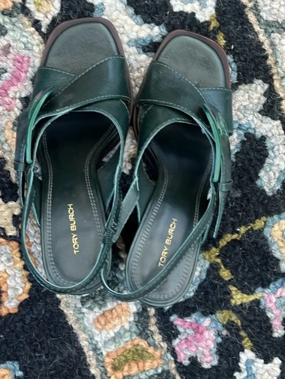 Tory Burch Dark Green Leather Buckle Slingback Banana Shaped Heels